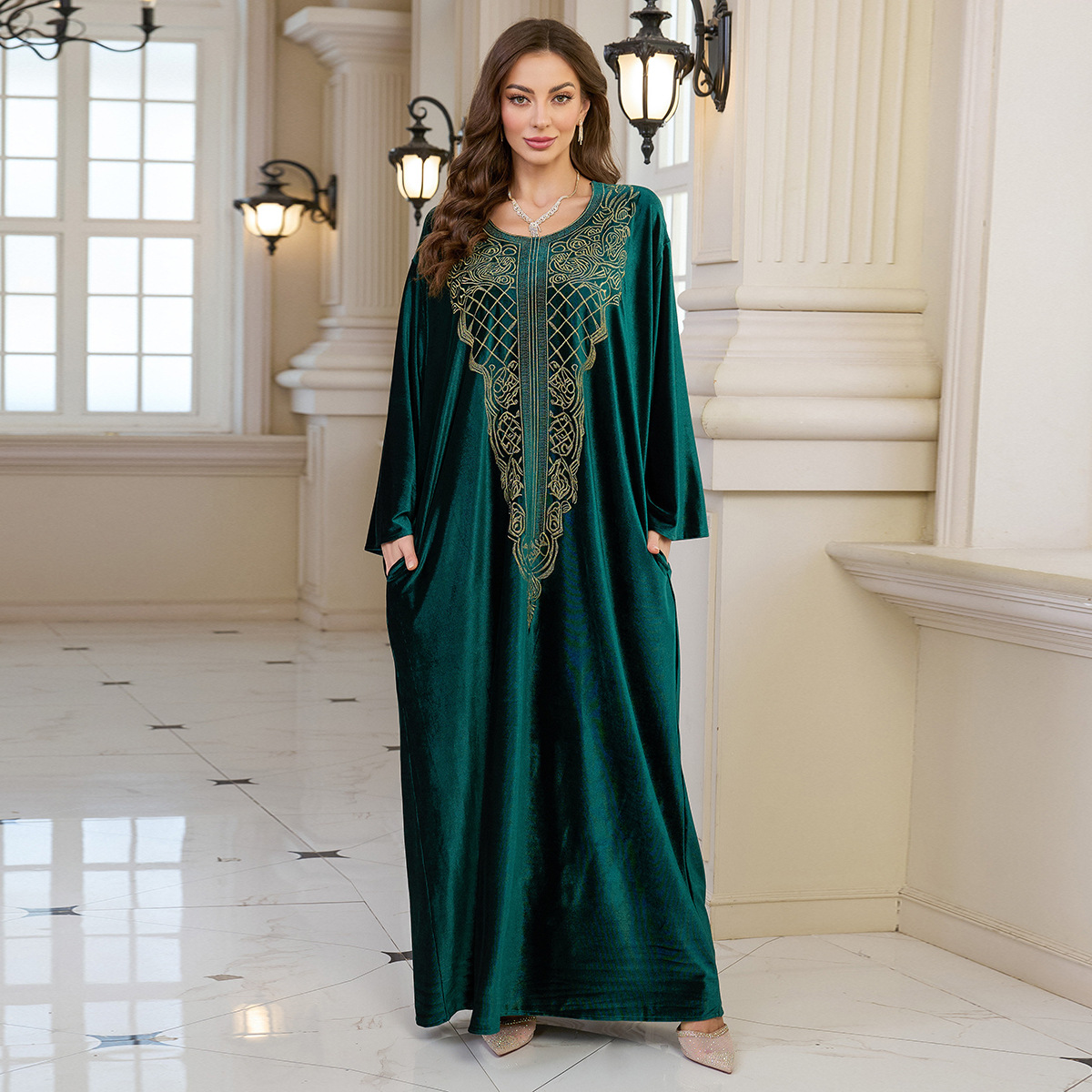 Elegant Embroidered Kaftan Dress Beach Bathing Suit Cover up Long Maxi Dress